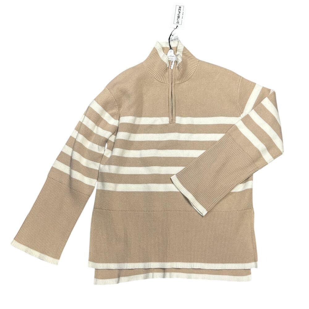 For the Republic Sweater Women M NWT Khaki Ivory Mock Neck 1/4 Zip Pullover